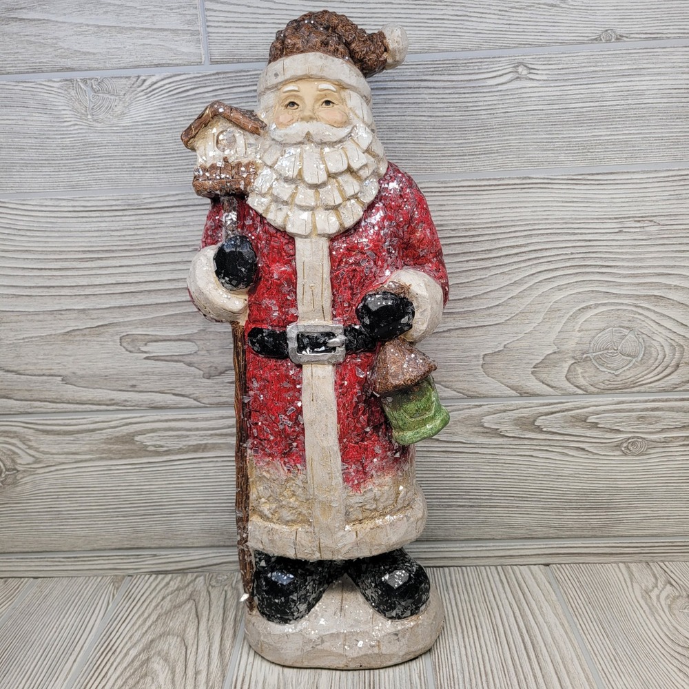 Valerie Parr Hill Rustic Standing Santa‎ Holding Birdhouse Pinecone Hat Glitter